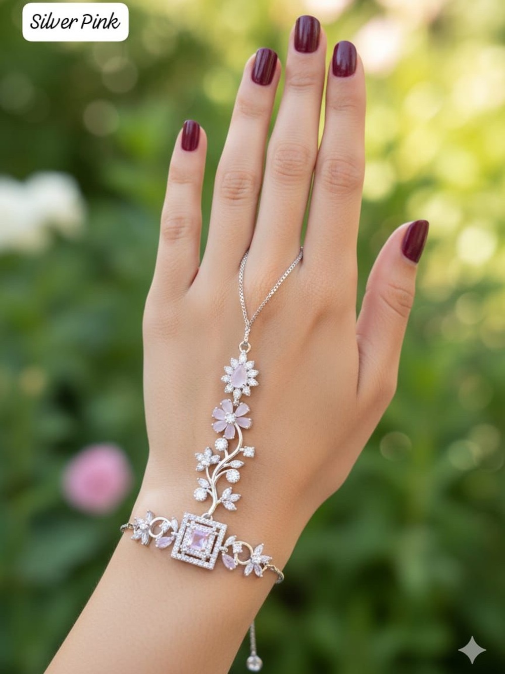 Silver Pink Floral Handchain Bracelet Necklace - Women's Jewelry